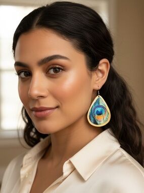 Source Unknown Teardrop Peacock-Inspired Earrings - Blue & Green